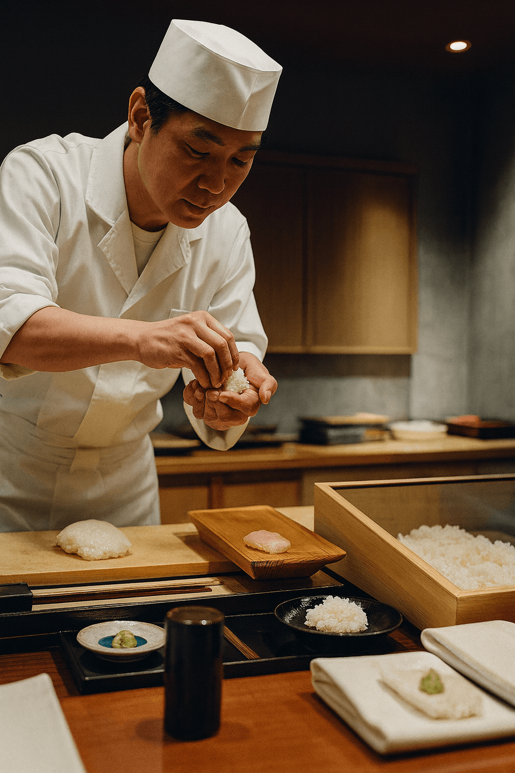 Sushi chef crafting nigiri